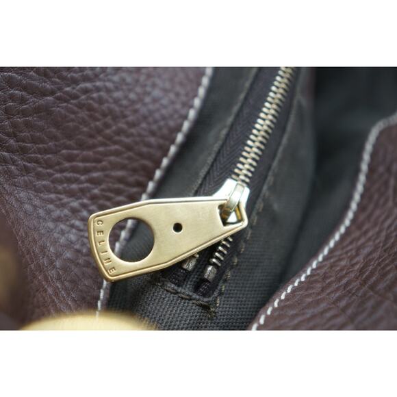 CELINE Vintage Shoulder Bag Brown Leather Gold Triomphe Fold over Handbag - Picture 13 of 13